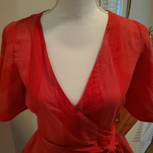 Loft XS True Wrap Striped Top‎ Red V-neck Short Sleeves - Picture 4 of 8